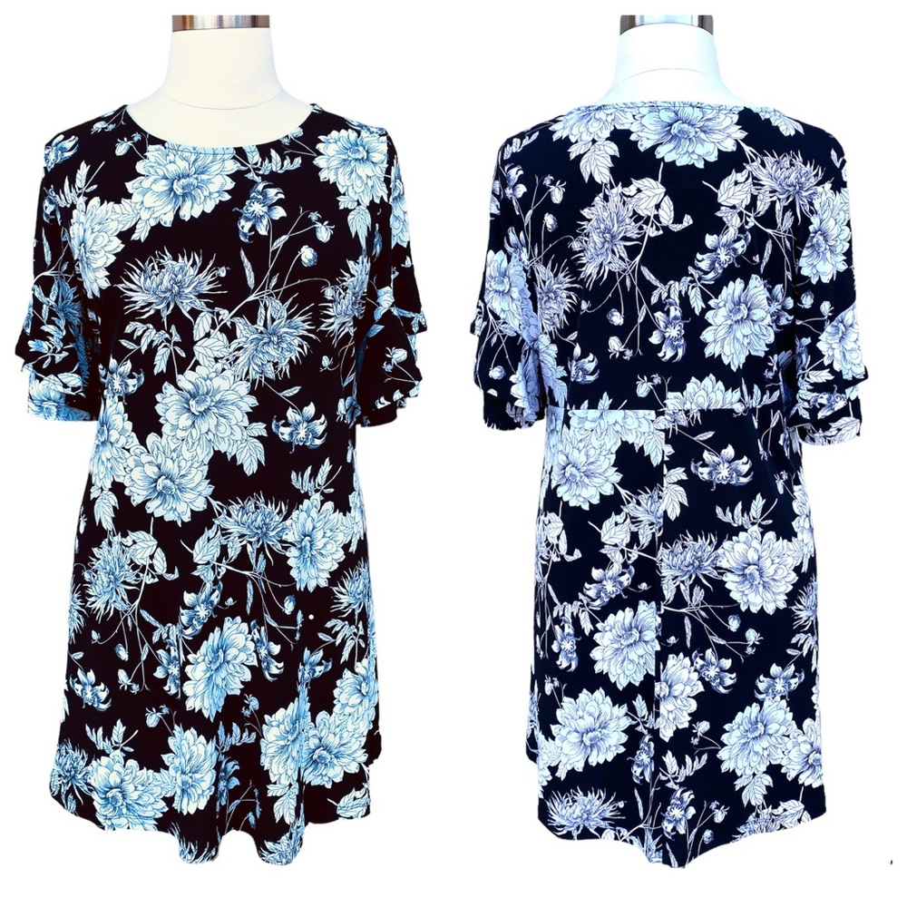 KAREN KANE black dress floral print white stretchy shift plus size 1X NEW Womens